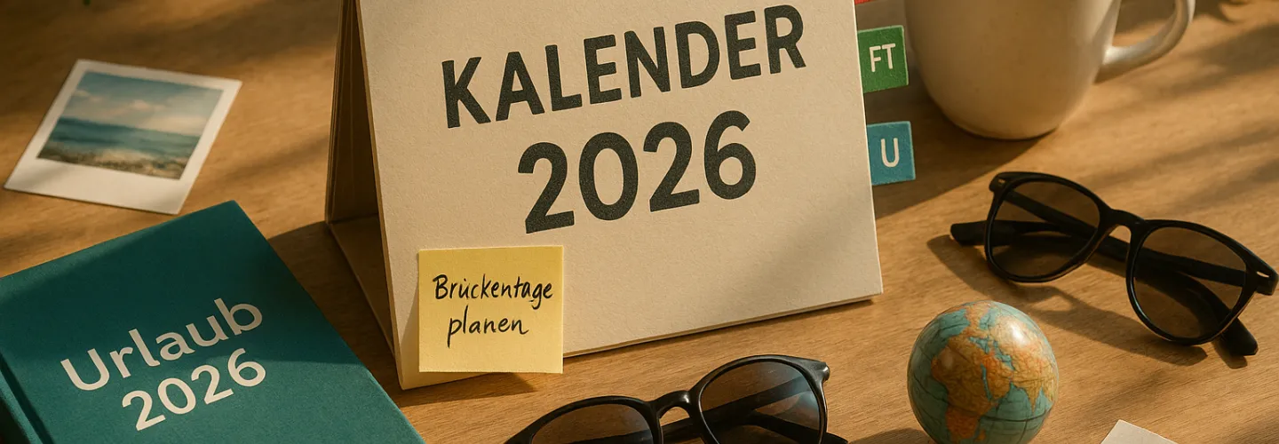 2026-Kalender mit Haftnotiz, Reiseführer, Globus, Sonnenbrille und Kaffee
