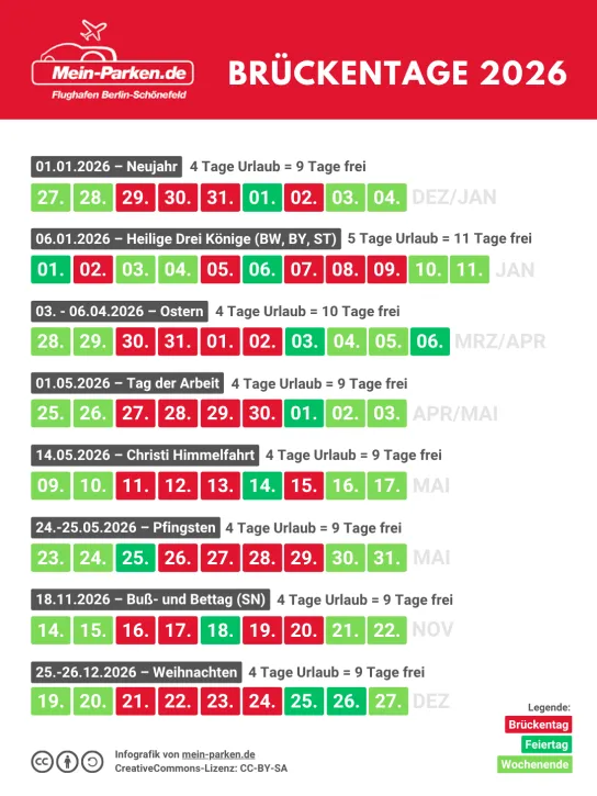 Infografik zu Brückentagen 2026: Urlaub und freie Tage rund um Feiertage