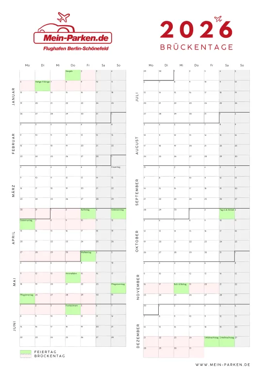 Zweispaltiger 2026-Kalender mit grünen Feiertagen und rosa Brückentagen